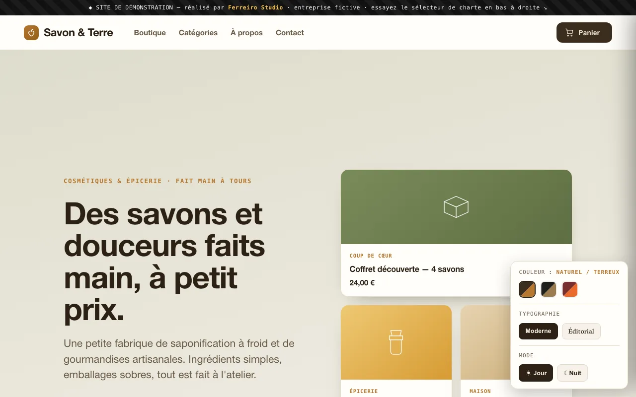 Exemple de conception de site pour boutique de savons — boutique fictive Savon & Terre