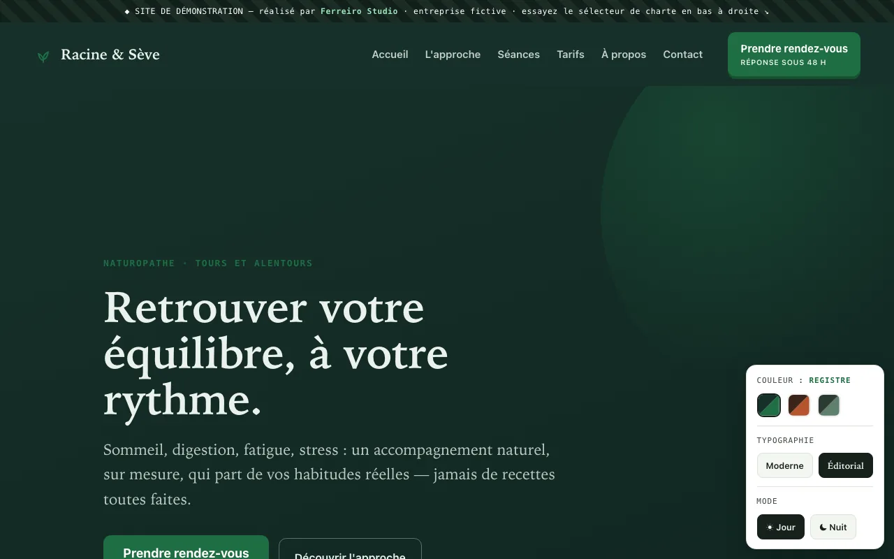 Exemple de conception de site pour naturopathe — cabinet fictif Racine & Sève