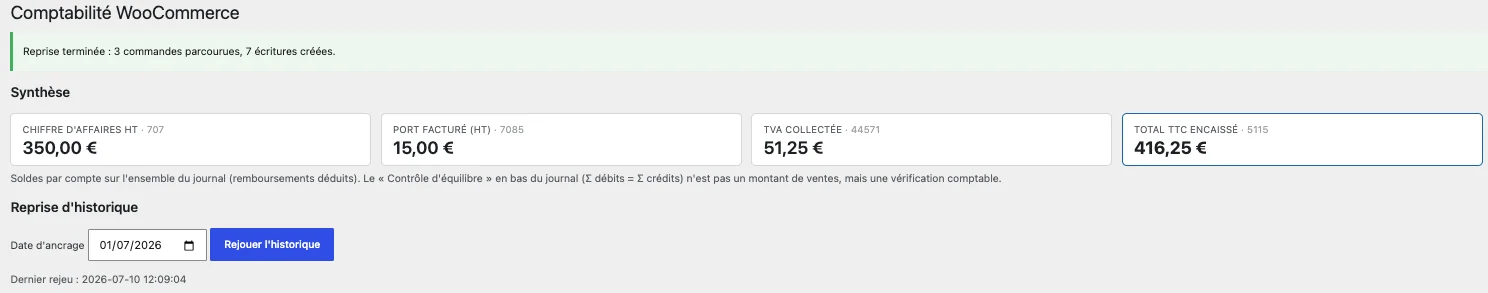 L'écran de reprise d'historique de Compta-FEC : on choisit une date d'ancrage et le plugin rejoue les commandes déjà payées pour créer les écritures manquantes. L'écran de reprise d'historique de Compta-FEC : on choisit une date d'ancrage et le plugin rejoue les commandes déjà payées pour créer les écritures manquantes.