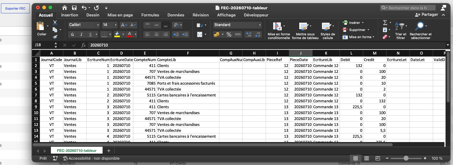 L'export FEC de Compta-FEC ouvert dans un tableur : les 18 colonnes réglementaires JournalCode, JournalLib, EcritureNum, EcritureDate, CompteNum, CompteLib, PieceRef, PieceDate, Debit et Credit. L'export FEC de Compta-FEC ouvert dans un tableur : les 18 colonnes réglementaires JournalCode, JournalLib, EcritureNum, EcritureDate, CompteNum, CompteLib, PieceRef, PieceDate, Debit et Credit.